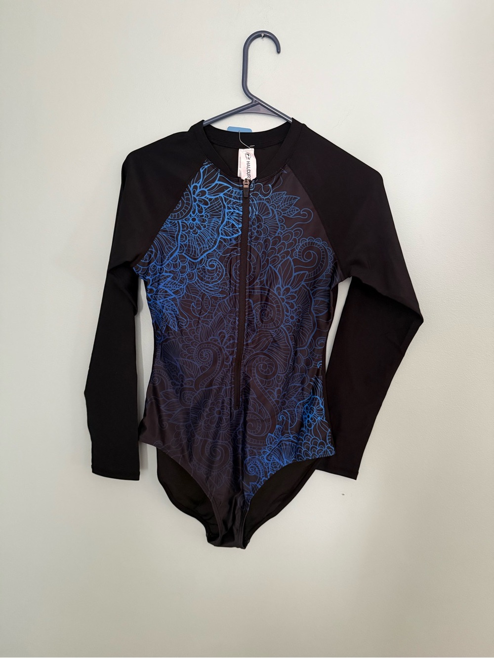 Black Long-Sleeve Zip-Front Swimsuit with Blue Floral Print